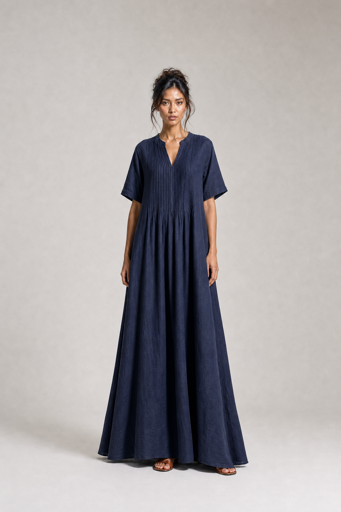 Leinenkleid V-Ausschnitt mit Plissee-Details