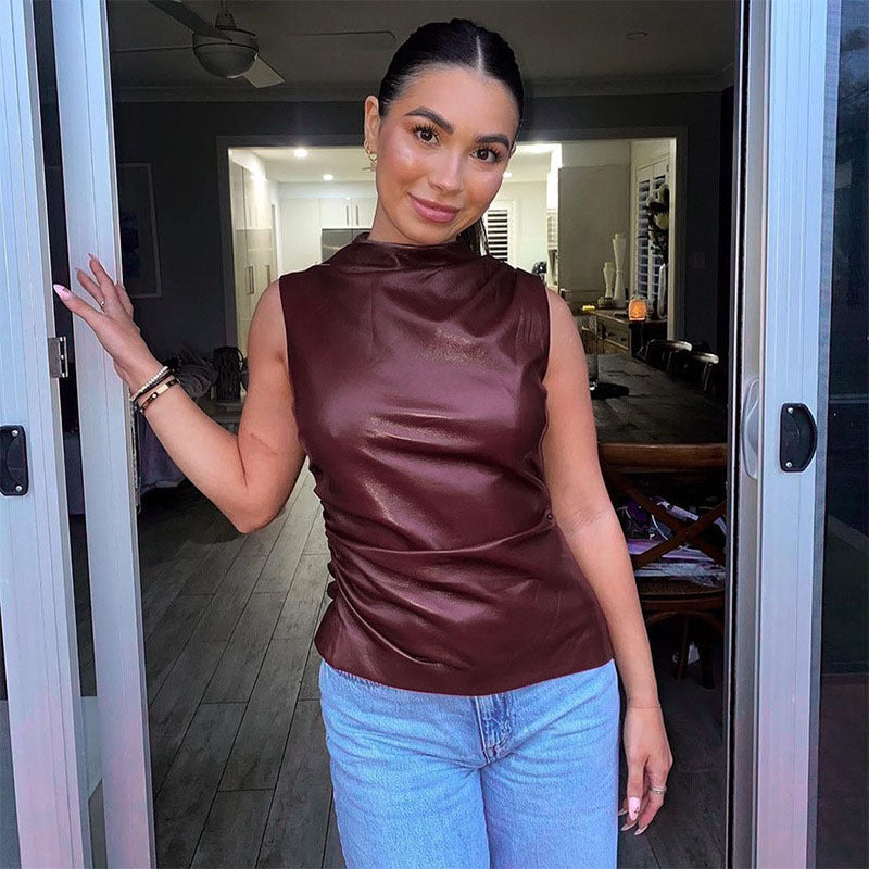 Womens Faux Fur Collar Sleeveless Top