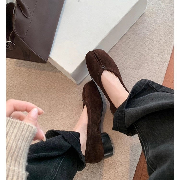 Womens Ballet Flats Buckle Closure Thick Heel Shoes