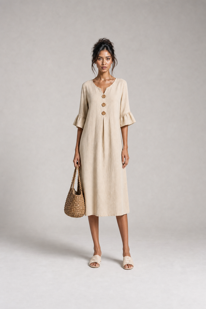 Leinenkleid mit V-Ausschnitt und Knöpfen