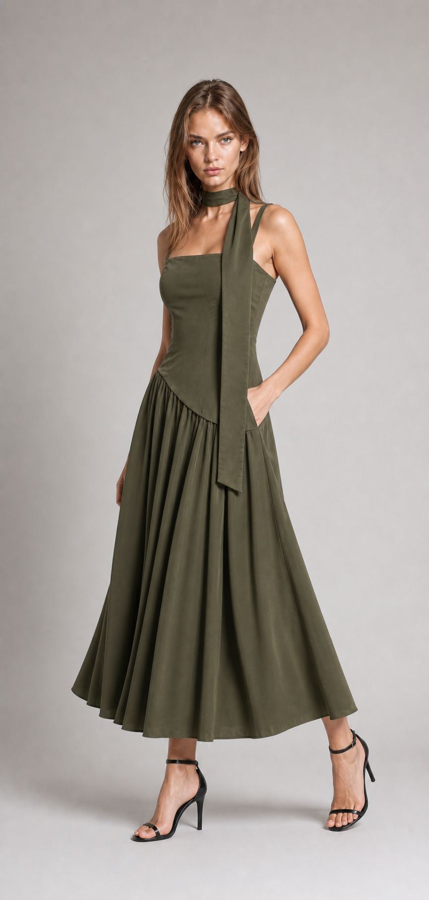 Maxi-Kleid mit Scarf-Träger und Plisseerock