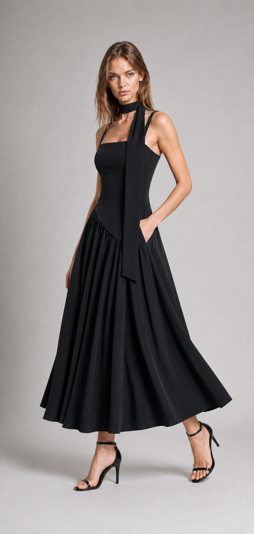 Maxi-Kleid mit Scarf-Träger und Plisseerock