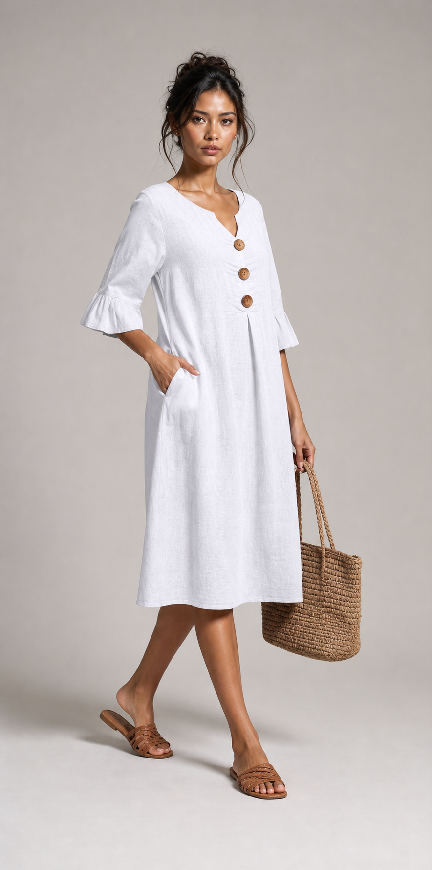 Leinenkleid mit V-Ausschnitt und Knöpfen