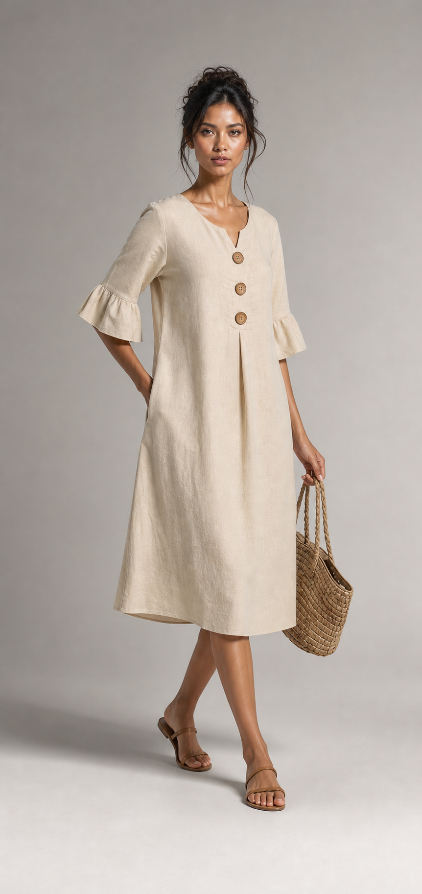 Leinenkleid mit V-Ausschnitt und Knöpfen