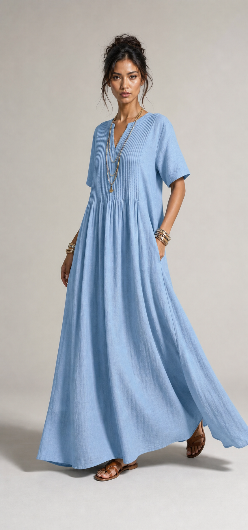 Leinenkleid V-Ausschnitt mit Plissee-Details