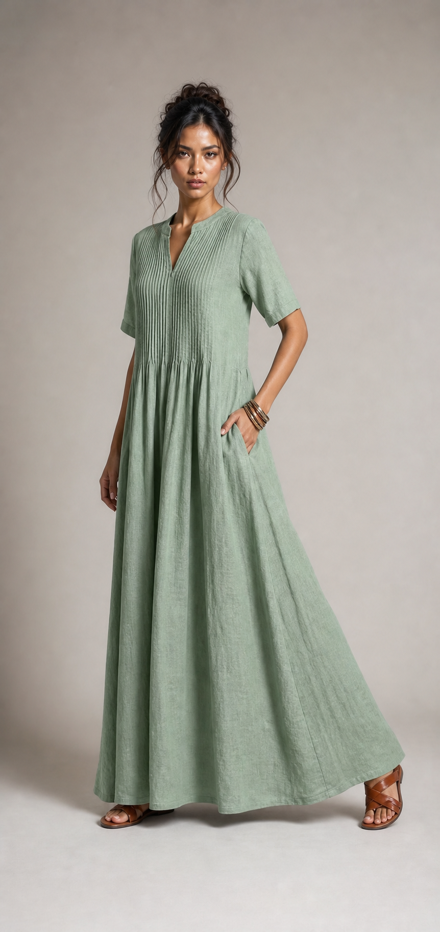 Leinenkleid V-Ausschnitt mit Plissee-Details