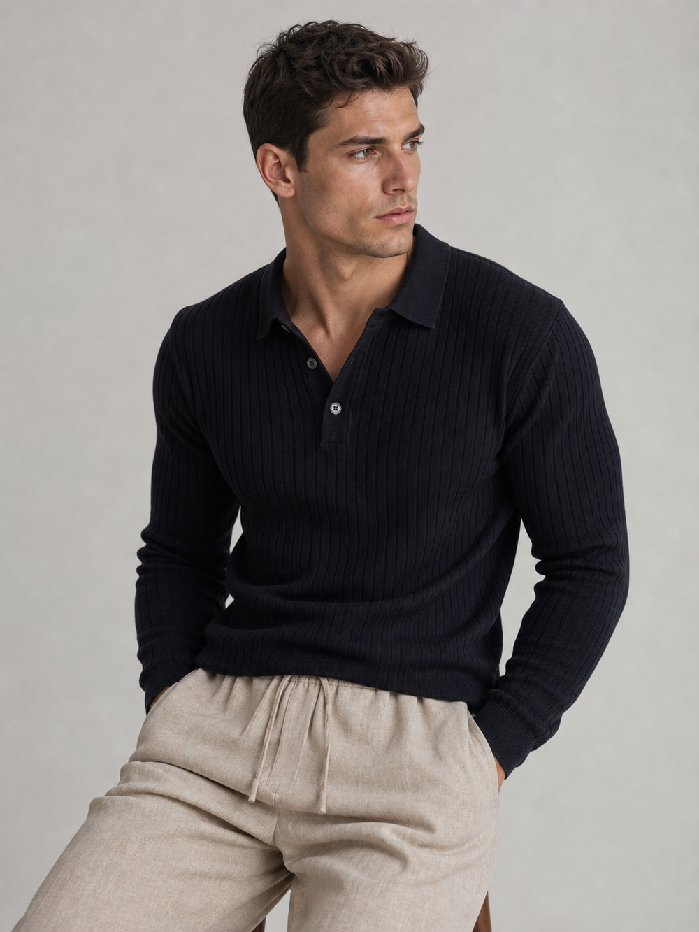 Strick-Poloshirt Geripptes Langarm