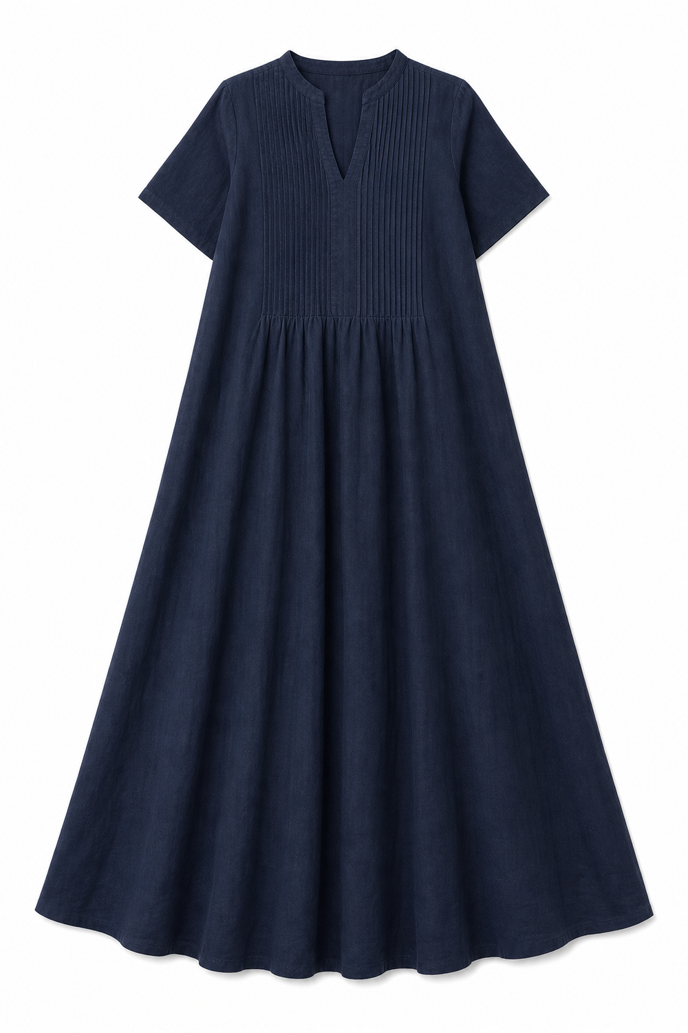 Leinenkleid V-Ausschnitt mit Plissee-Details