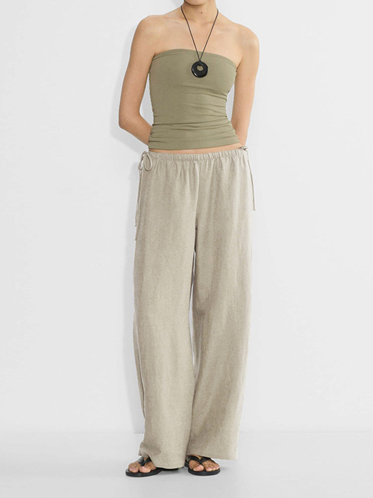 Women's Linen Blend Drawstring Wide-Leg Pants