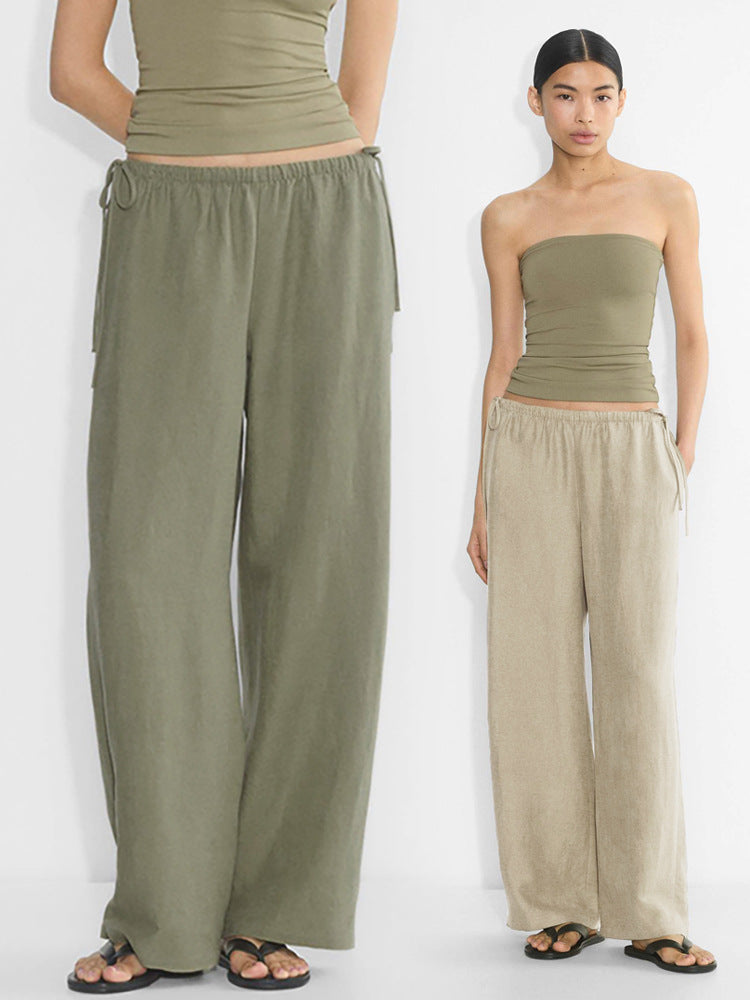 Women's Linen Blend Drawstring Wide-Leg Pants