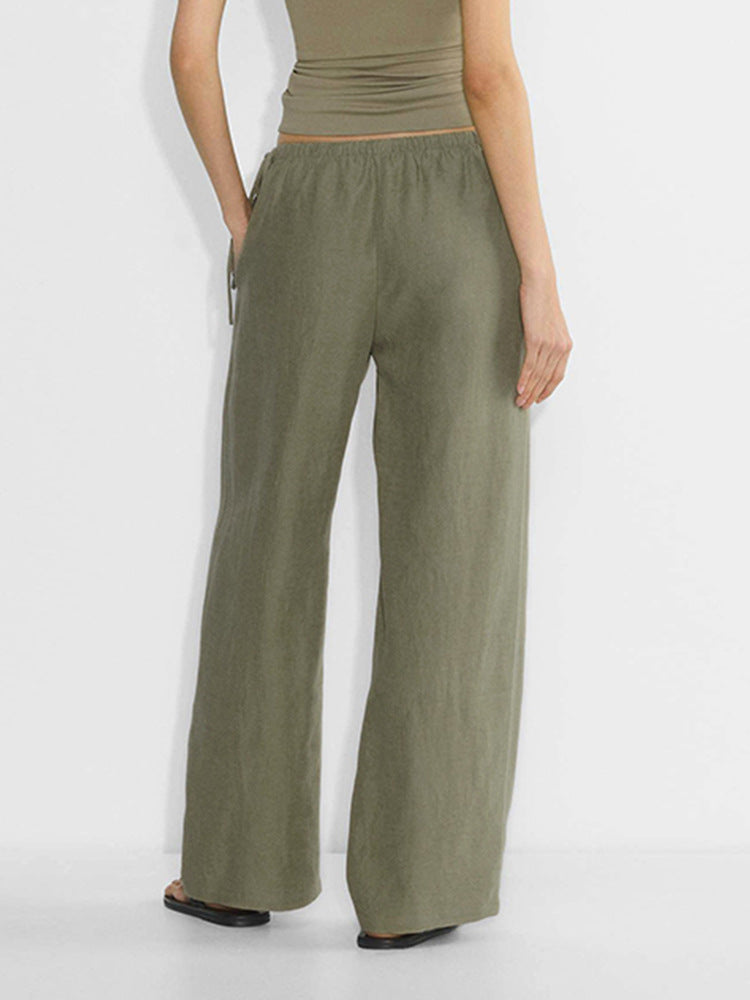 Women's Linen Blend Drawstring Wide-Leg Pants